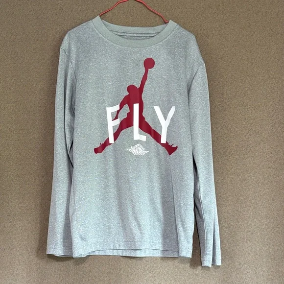 Jordan Gray Long Sleeve Tee with Red and White Logo Size S - Picture 1 of 4